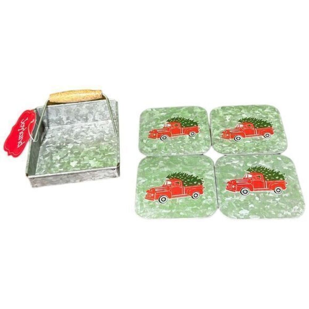 NWT Joyland Galvanized Christmas Coasters‎ Set Of 4 5" X 5" Red Truck Green Tree